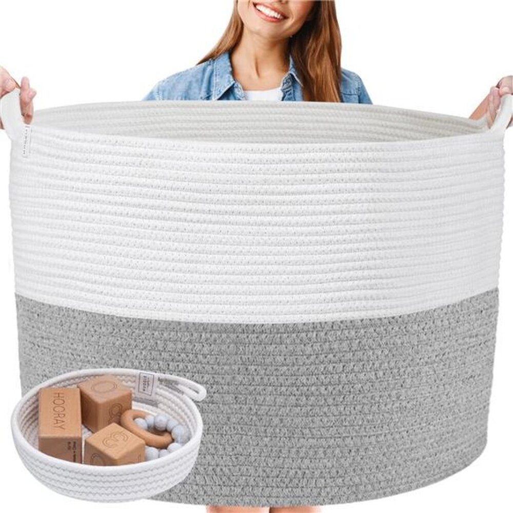 Jumbo 24" x 17" Extra Large Basket for Blankets, Cotton Rope Basket with Handles
